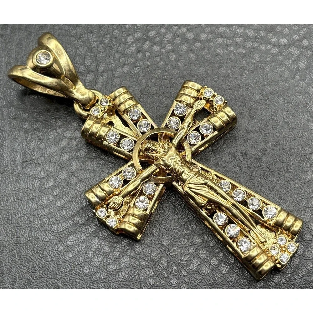 HUGE Gold Tone Crucifix Cross Pendant Jesus Clear Rhinestone Religious Jewelry